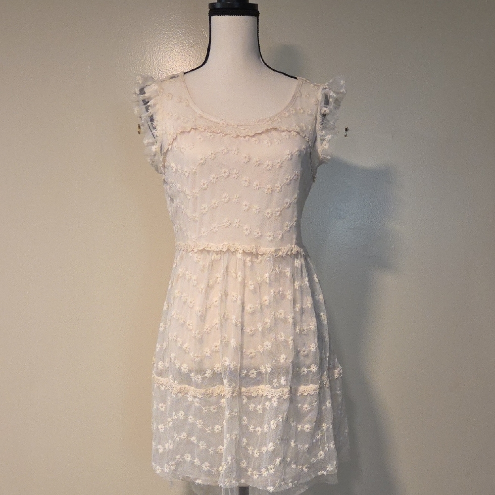 Pinky: White Ruffled Tiered Mini Dress Or Top with Flutter Cap Sleeves Size M